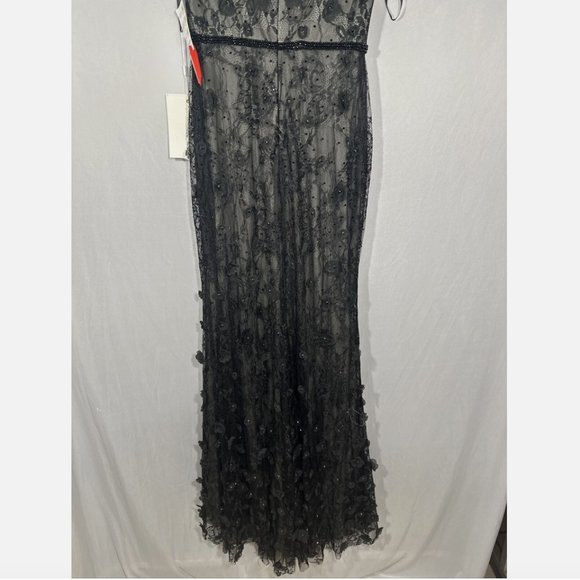 NEW $598 Mac Duggal [ 4 ] Floral Appliqué Boat Neck Short Sleeve Gown Black Q546 - Picture 10 of 16